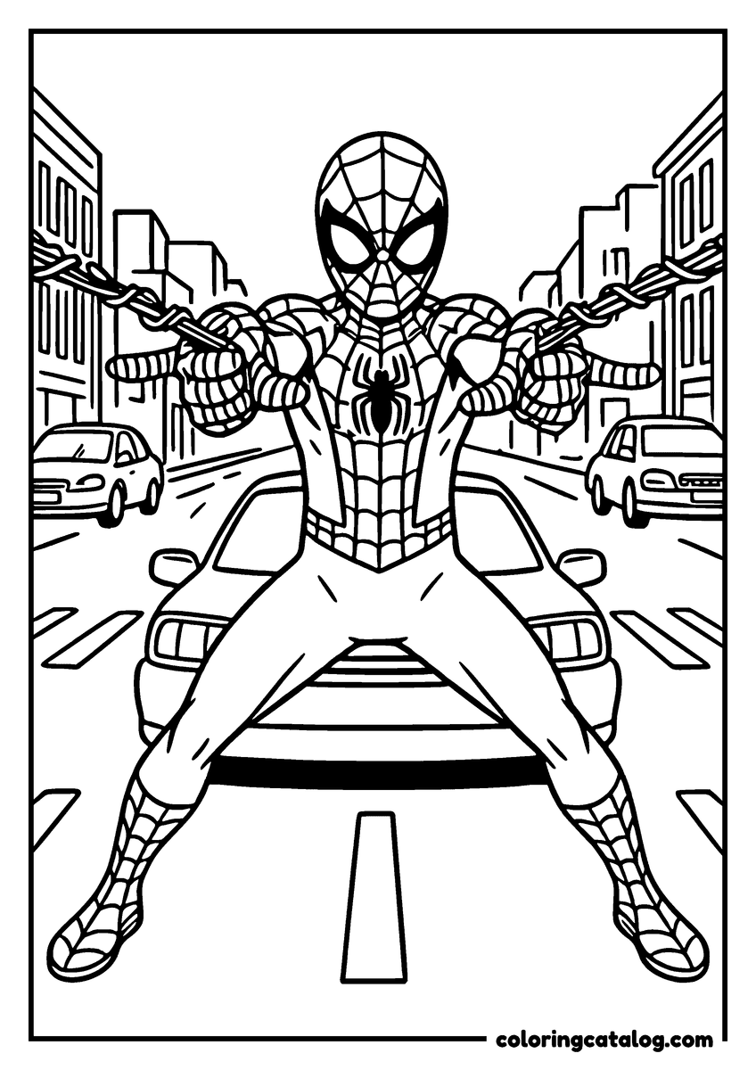 Spider-Man coloring page of Spider-Man stopping a car with webs stretched across a city street