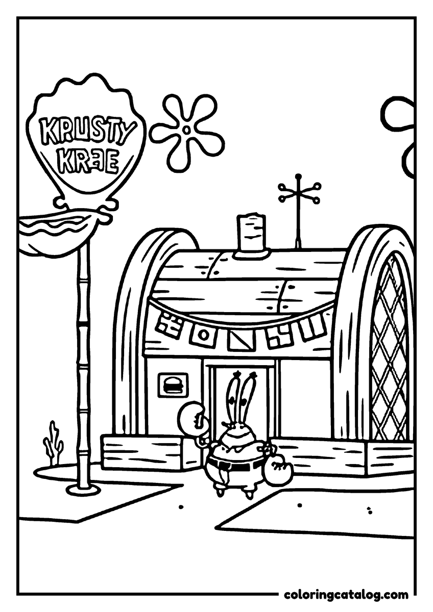 Printable Spongebob coloring page: Mr Krabs standing in the doorway of the Krusty Krab, under its sign and a string of flags