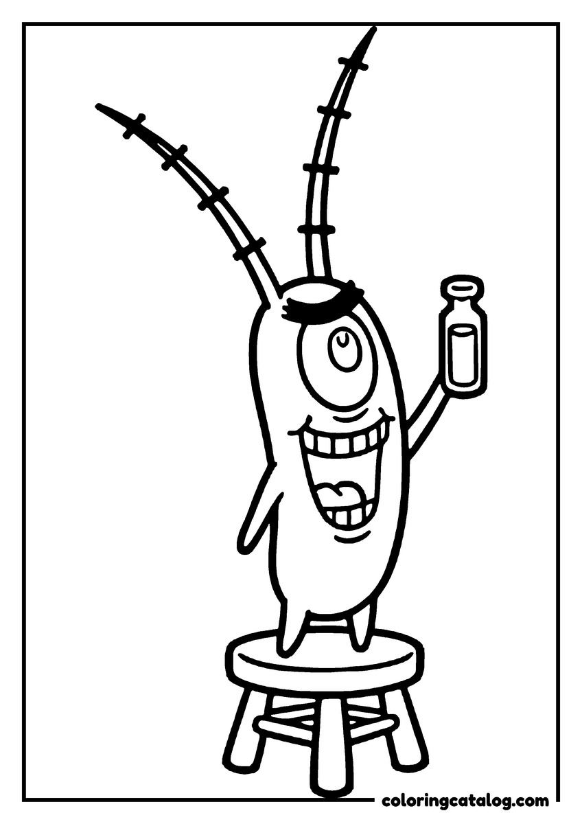 Printable Spongebob coloring page: Plankton standing on a stool, his one eye wide, holding up a small bottle