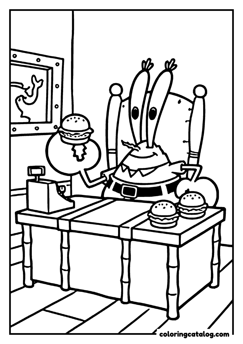 Free Spongebob coloring sheet: Mr Krabs behind the Krusty Krab counter with a cash register, two burgers and a round customer
