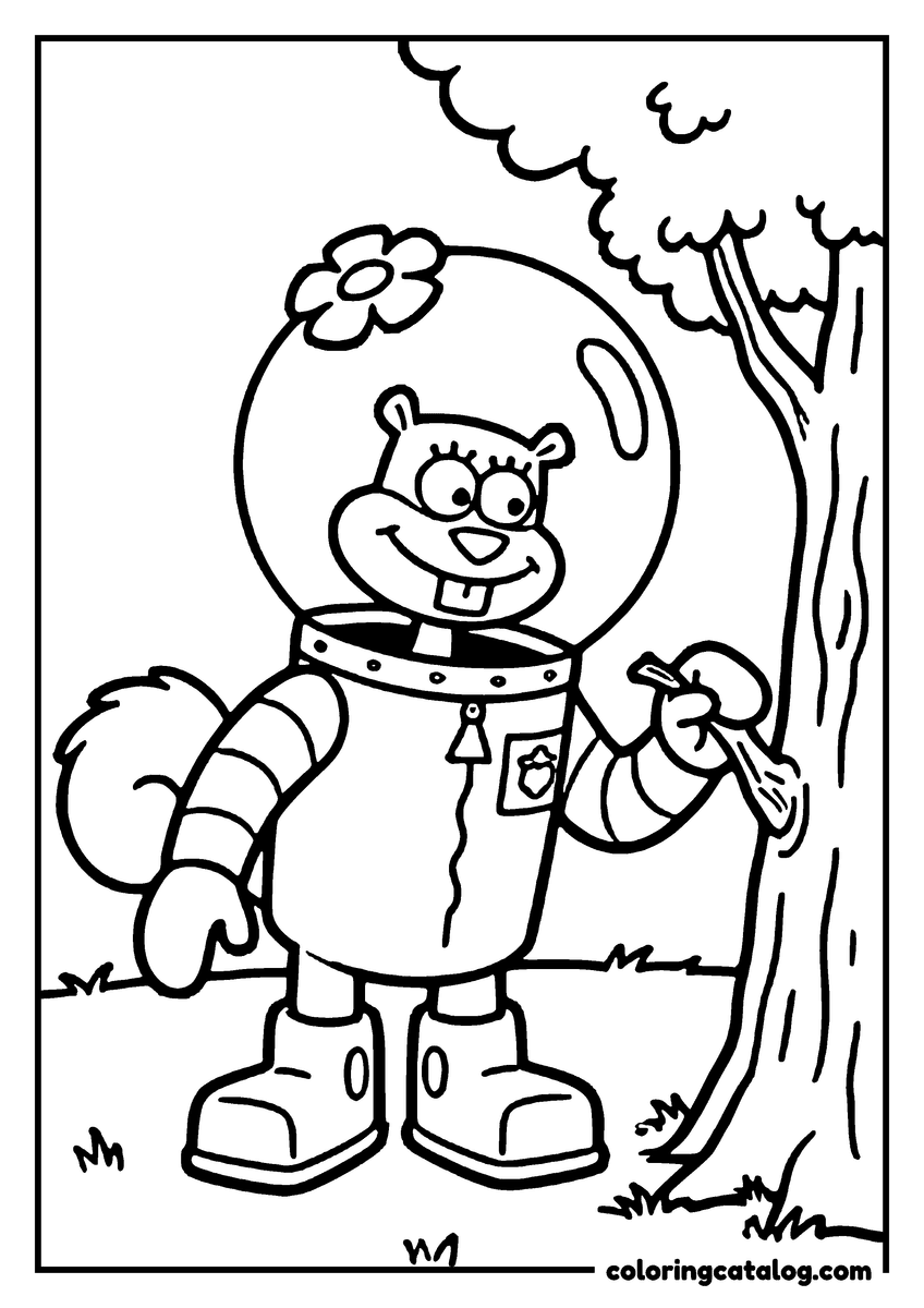 Free Spongebob coloring sheet: Sandy the squirrel in her helmet and suit, standing by a tree and holding an acorn