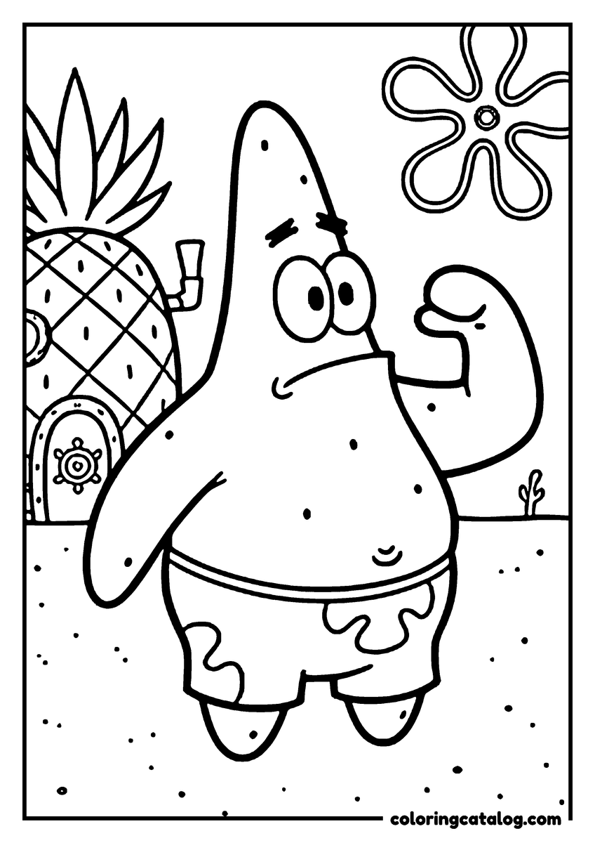 Spongebob coloring page: Patrick Star flexing one arm in front of the pineapple house, a flower-shaped cloud above him
