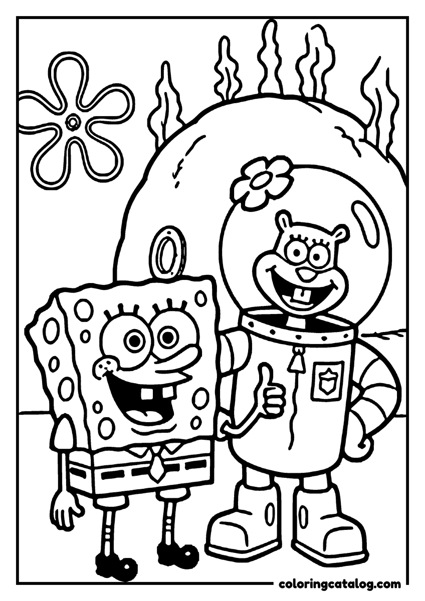 Printable coloring page: SpongeBob standing beside Sandy in her round helmet and suit, giving a thumbs up outside her dome