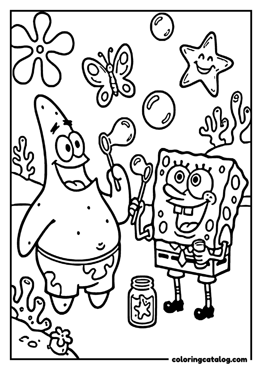 Printable coloring page: SpongeBob and Patrick blowing bubbles with wands, a jar of soap between them and a smiling starfish above