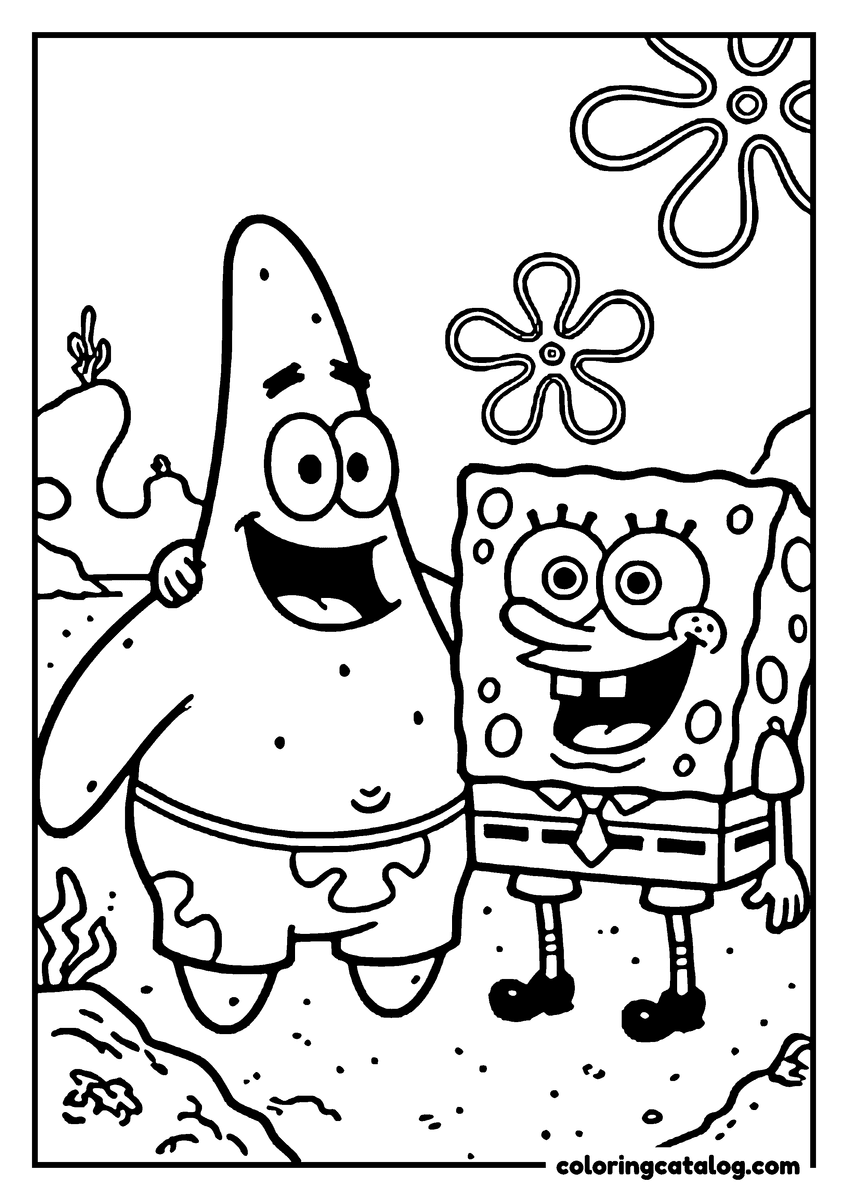 Coloring page: SpongeBob and Patrick standing together on the sea floor, flower-shaped clouds above them