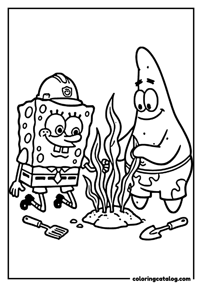 Coloring page: SpongeBob in a ranger hat and Patrick planting seaweed, a spatula and a trowel on the sand
