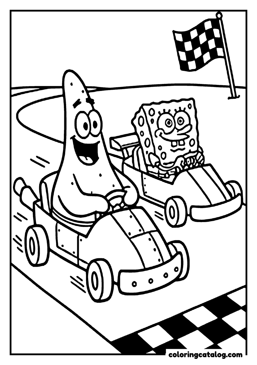 Free printable coloring sheet: Patrick and SpongeBob racing in two go-karts towards a chequered flag
