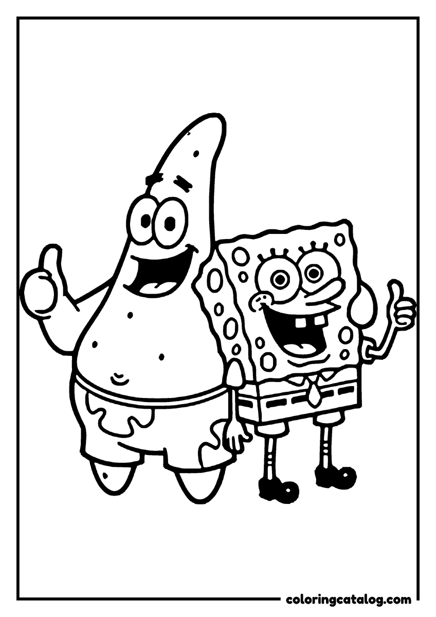 Coloring page: Patrick and SpongeBob side by side, each giving a thumbs up