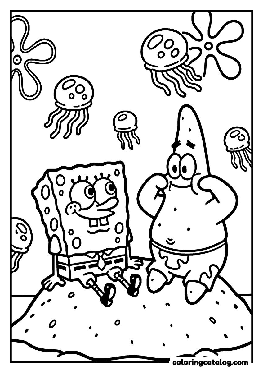 Free printable coloring sheet: SpongeBob and Patrick sitting on a sand mound with jellyfish drifting above them