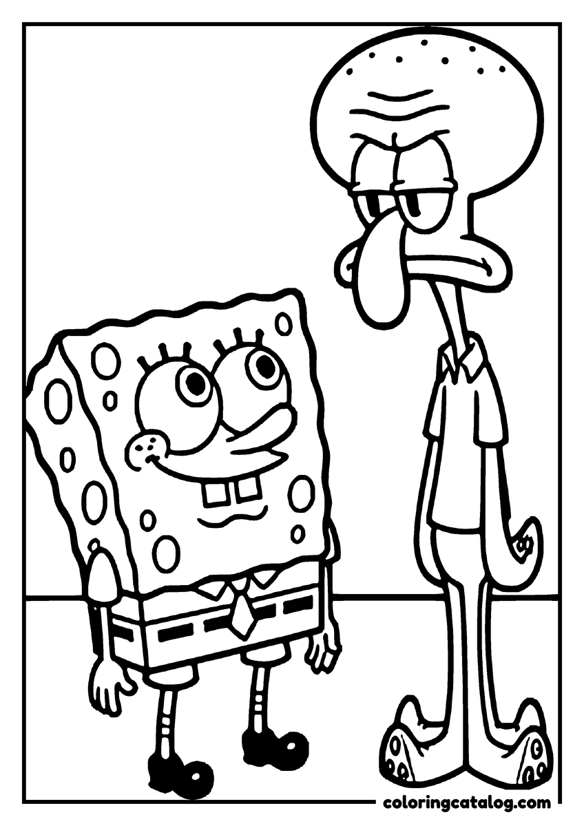 Printable coloring page: SpongeBob grinning beside Squidward, who looks down at him without smiling