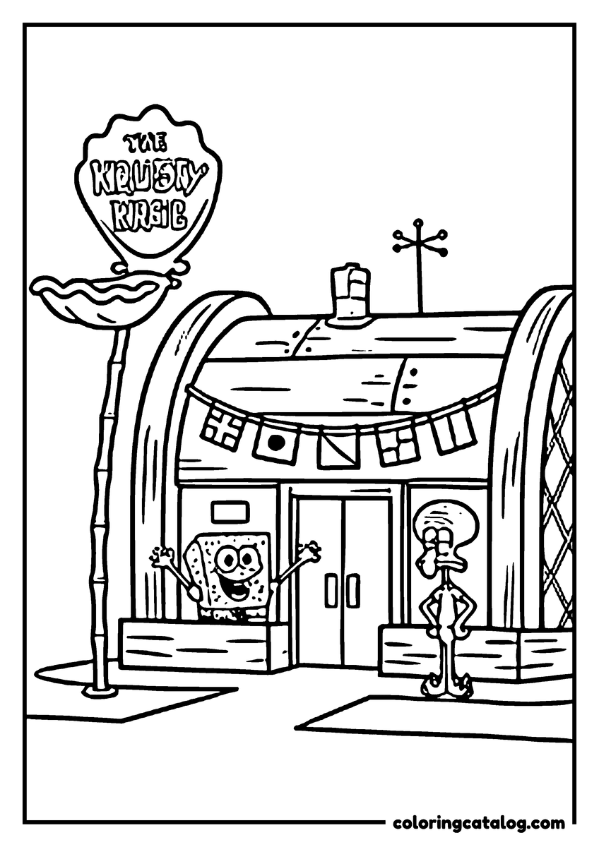 Free printable coloring sheet: SpongeBob waving and Squidward standing at the doors of the Krusty Krab, under its sign