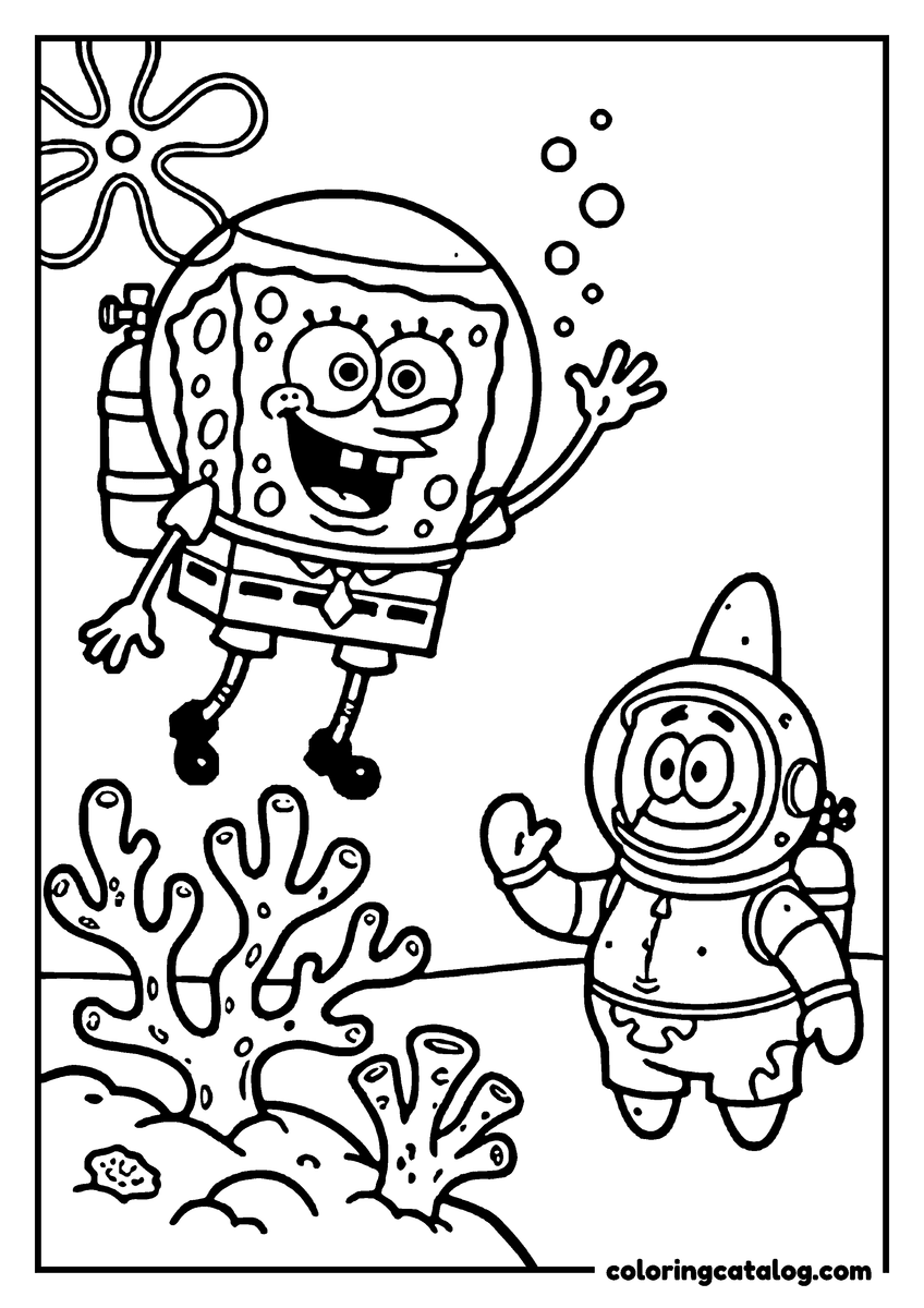 Free printable coloring sheet: SpongeBob and Patrick in diving helmets and air tanks, waving as they float over a bed of coral