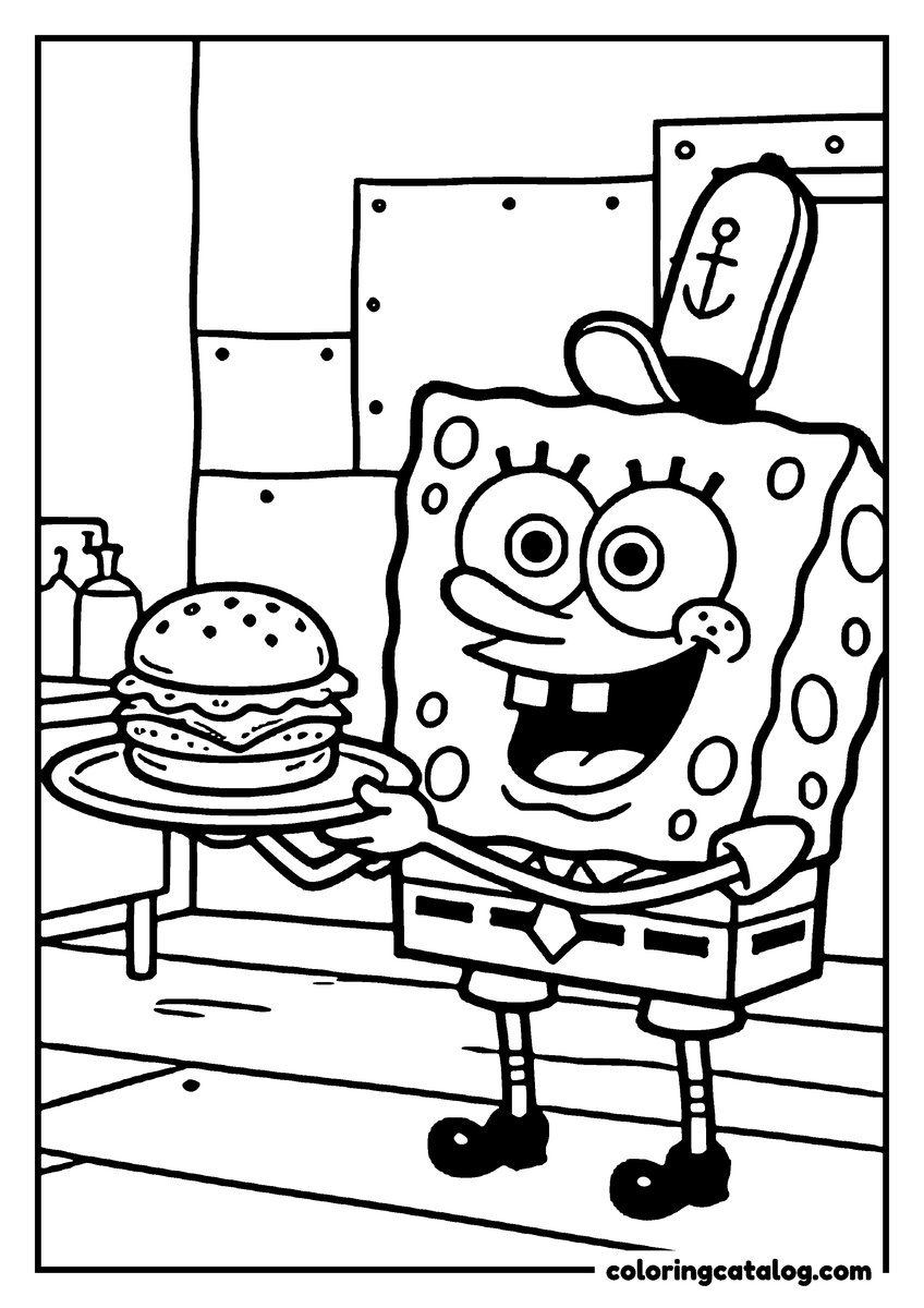 Coloring page: SpongeBob in a chef's hat carrying a burger on a tray through the kitchen