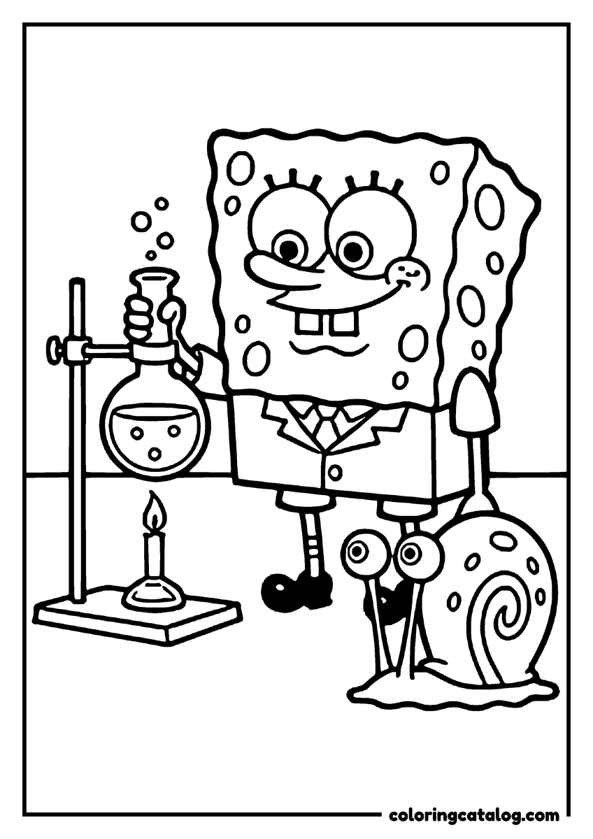 Printable coloring page: SpongeBob in a lab coat holding a bubbling flask over a lit candle, with Gary the snail at his feet