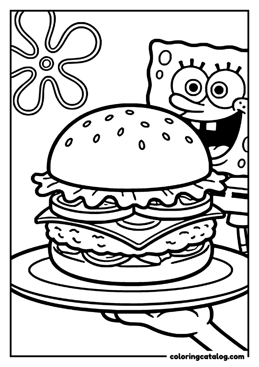 Coloring page: A tall burger on a plate held up close to the page, with SpongeBob grinning behind it