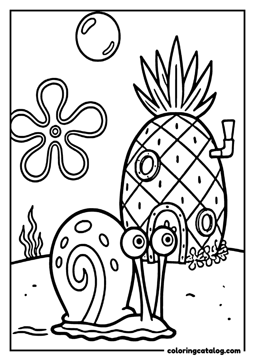 Printable Spongebob coloring page: Gary the snail in front of the pineapple house, under a flower-shaped cloud and a bubble