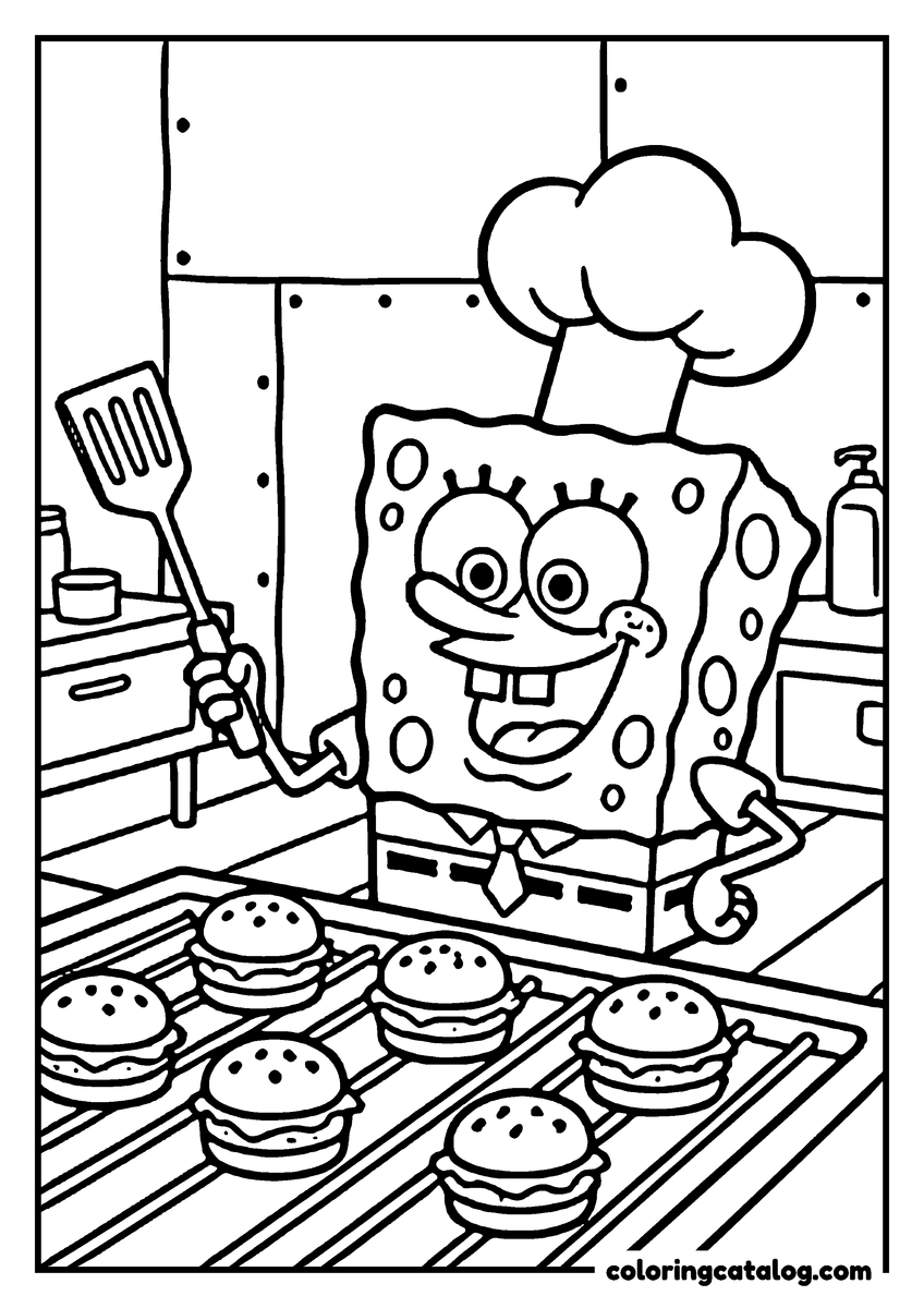 Free printable coloring sheet: SpongeBob in a tall chef's hat holding a spatula over a griddle of seven burgers