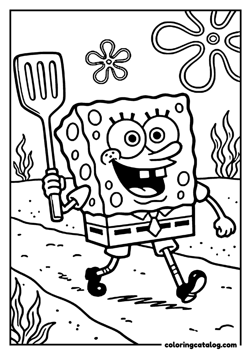 Free printable coloring sheet: SpongeBob striding along with a large spatula over his shoulder, seaweed on either side