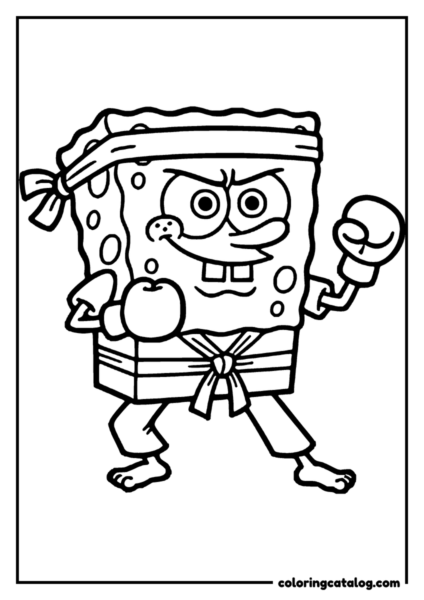 Free printable coloring sheet: SpongeBob in a karate headband and belt, both gloved fists raised