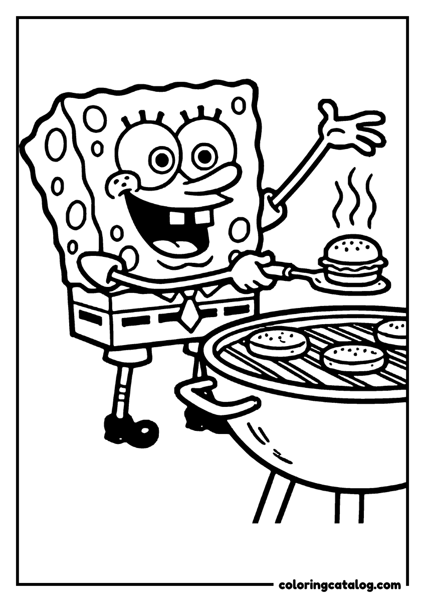 Coloring page: SpongeBob at a barbecue, lifting a finished burger off the grill on a spatula