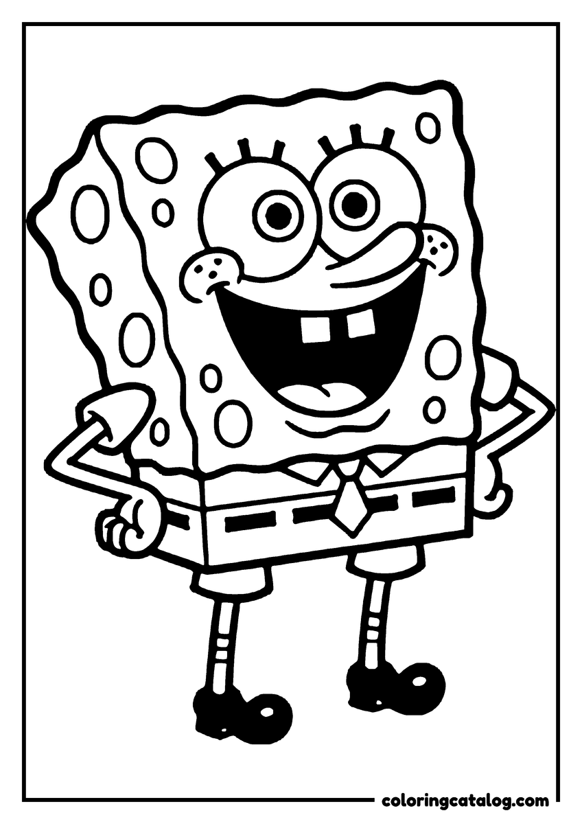 Printable coloring page: SpongeBob standing with his hands on his hips, in his tie and square trousers