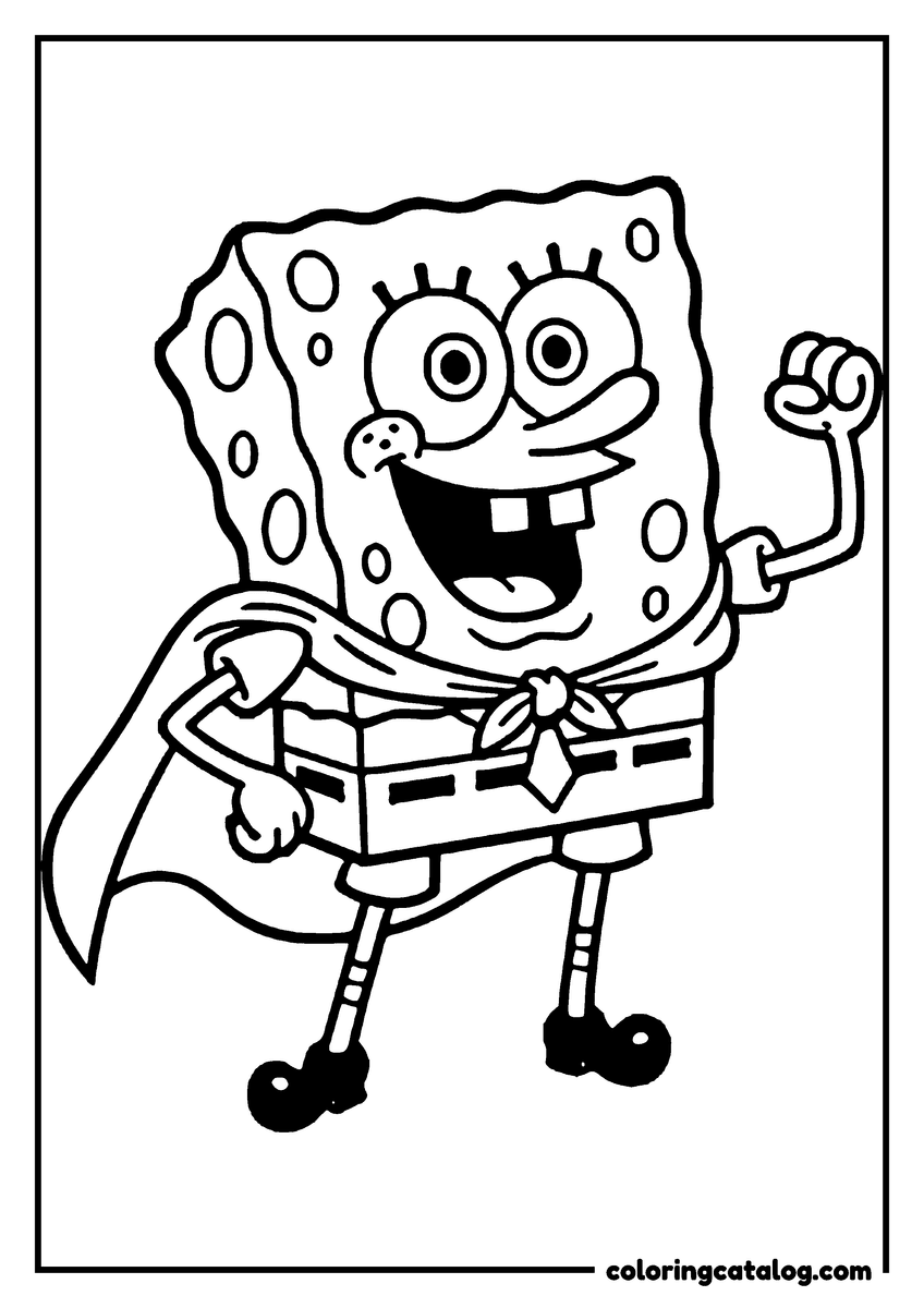Coloring page: SpongeBob wearing a cape with one fist raised, standing like a hero