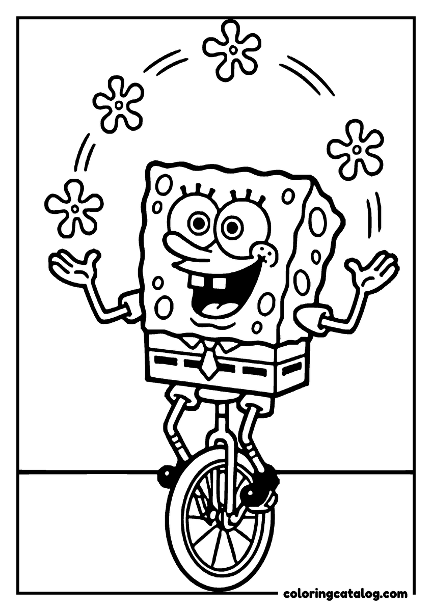 Printable coloring page: SpongeBob riding a unicycle and juggling five flower-shaped clouds
