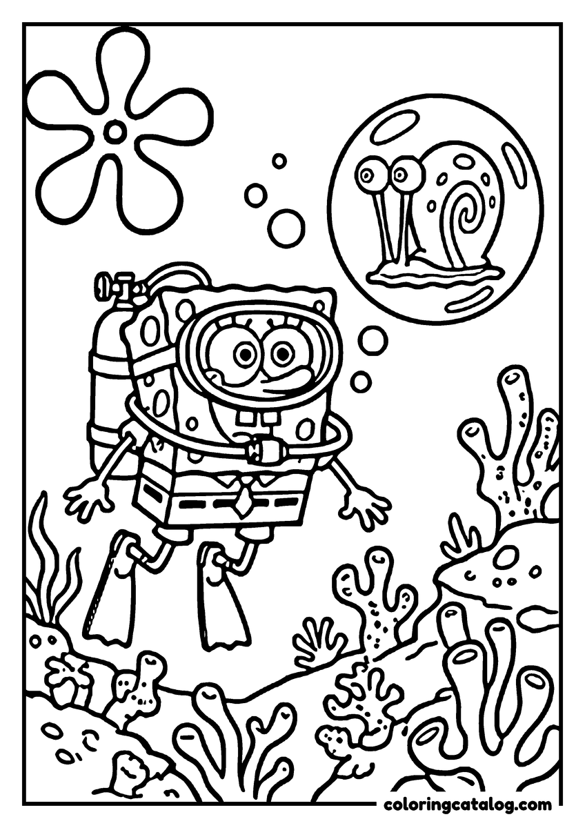 Free printable coloring sheet: SpongeBob in a diving mask, air tank and flippers swimming over coral, with Gary inside a bubble