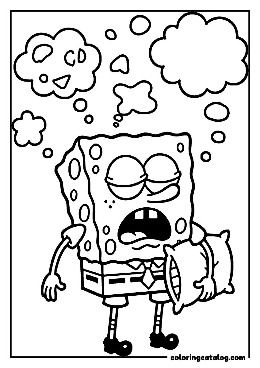 Printable coloring page: A yawning SpongeBob holding a pillow under empty thought bubbles, waiting to be filled in