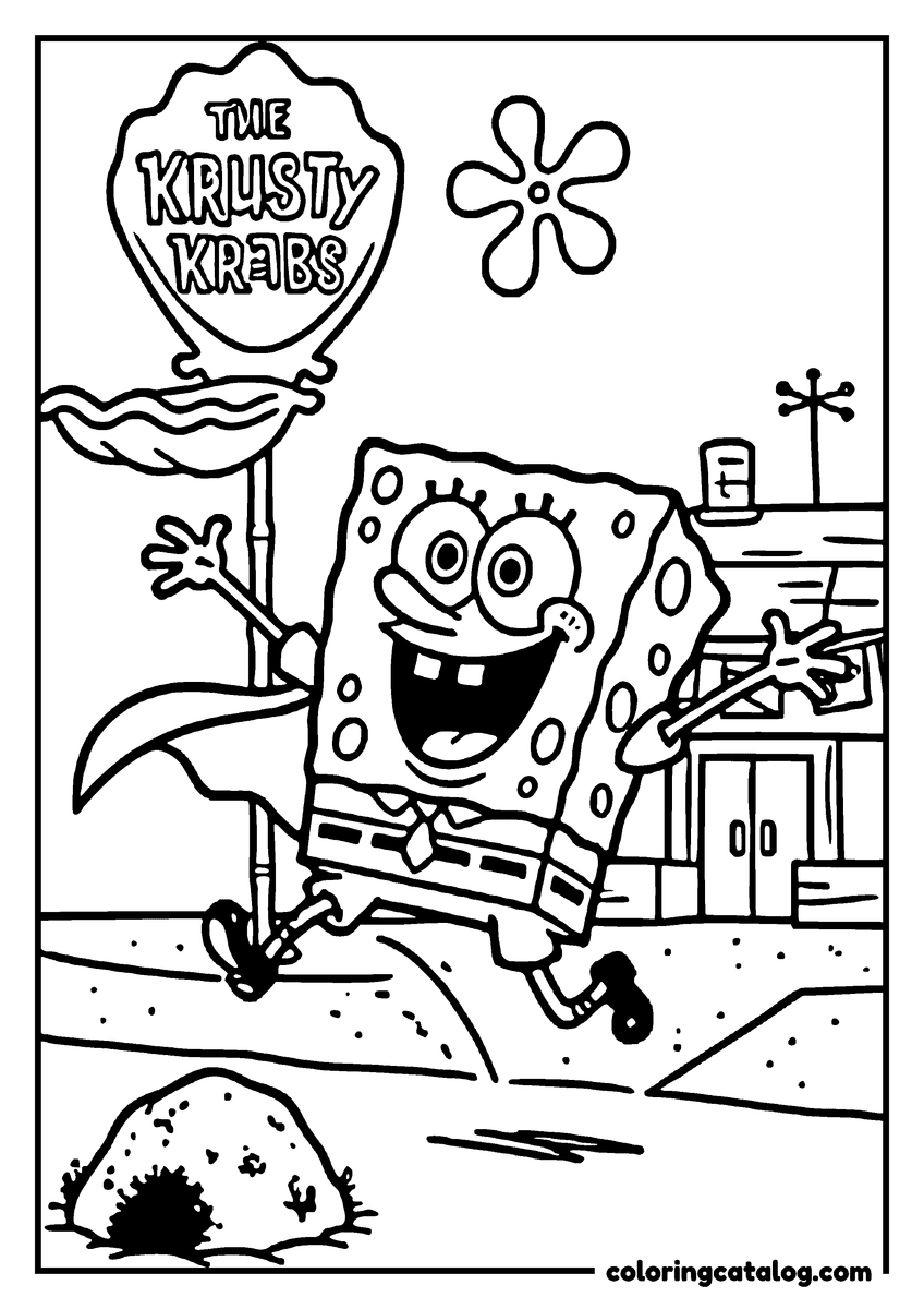 Printable coloring page: SpongeBob running past the Krusty Krab sign with both arms out