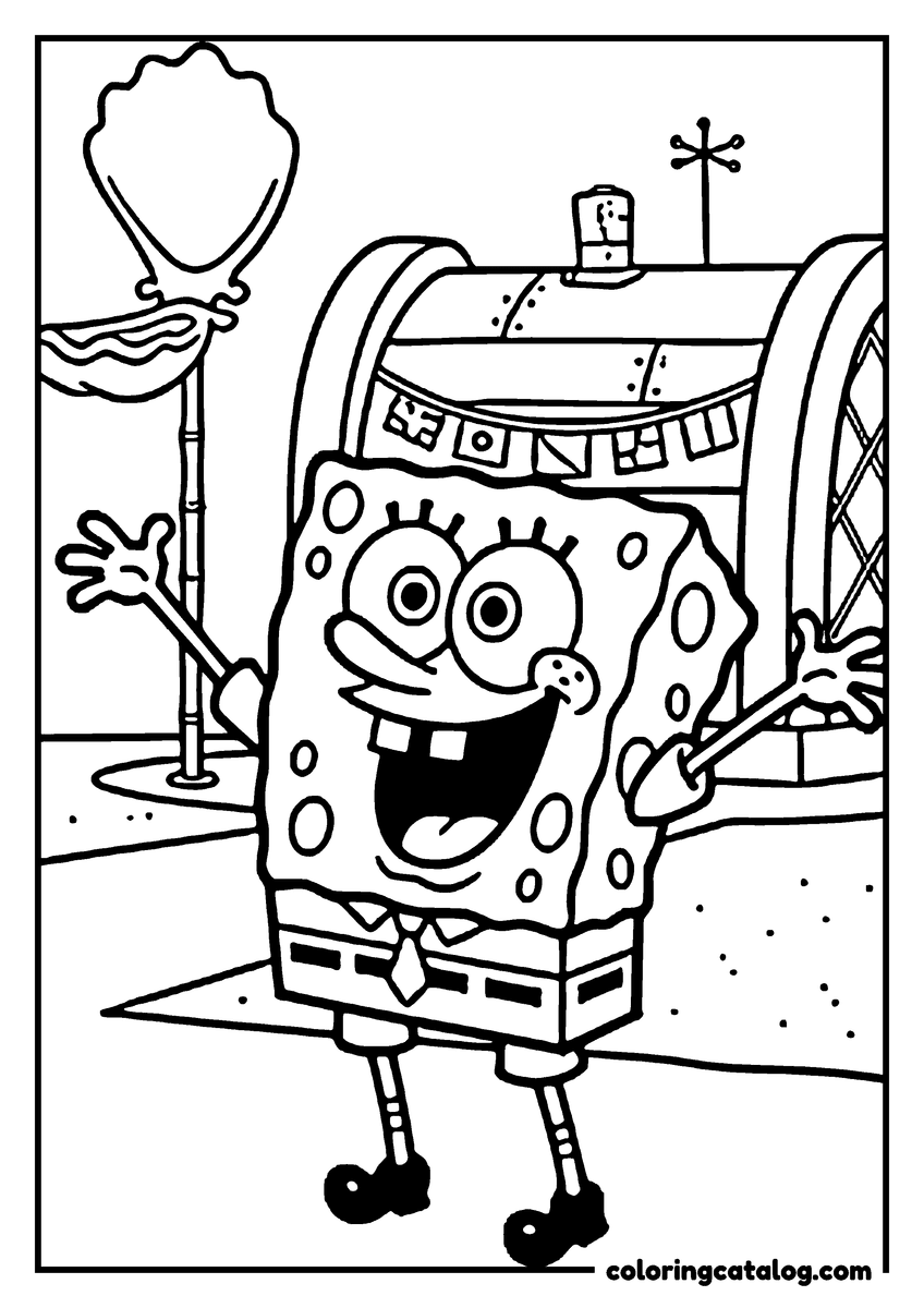Free printable coloring sheet: SpongeBob waving with both hands in front of the Krusty Krab and its sign