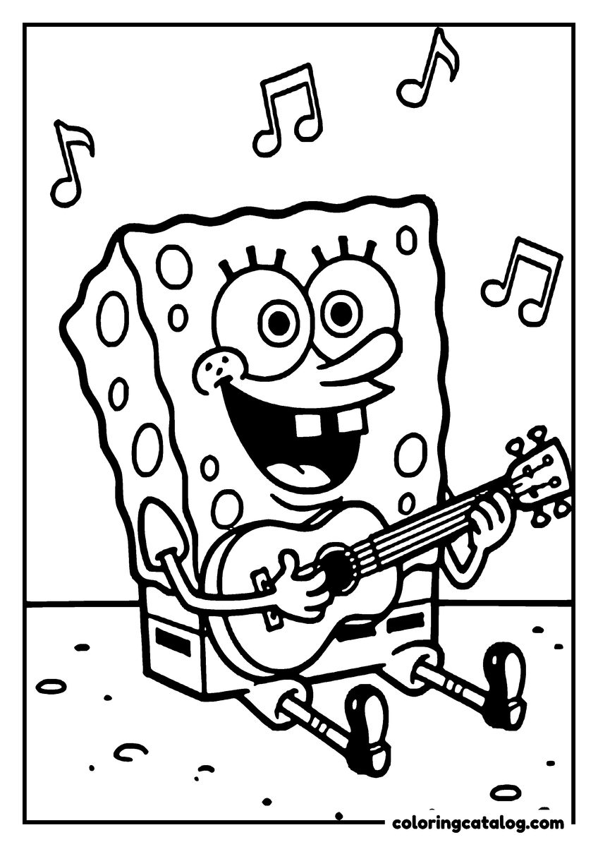 Free printable coloring sheet: SpongeBob sitting and playing an acoustic guitar, with music notes floating around him