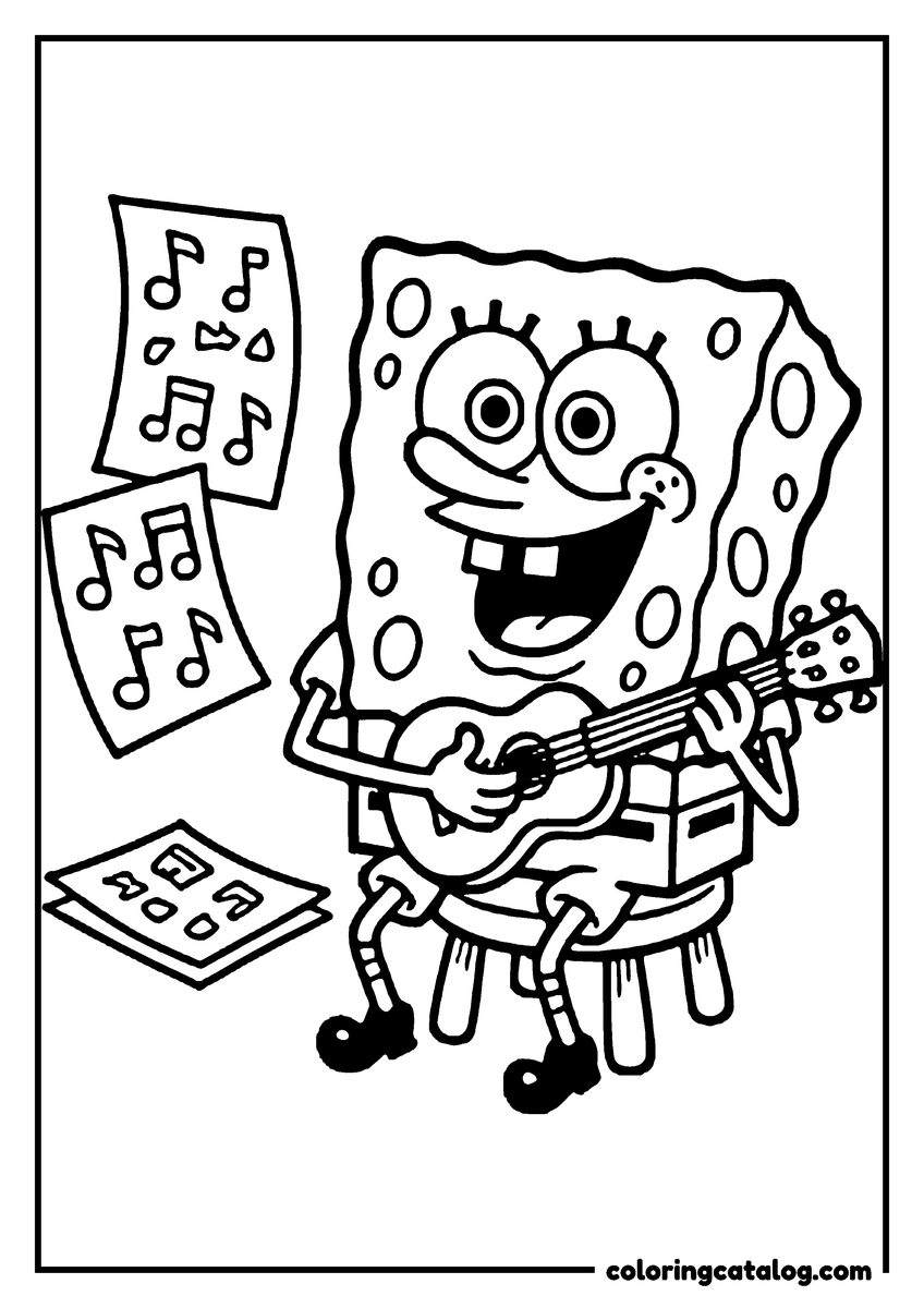 Coloring page: SpongeBob on a stool with his guitar, sheets of music floating in the air beside him