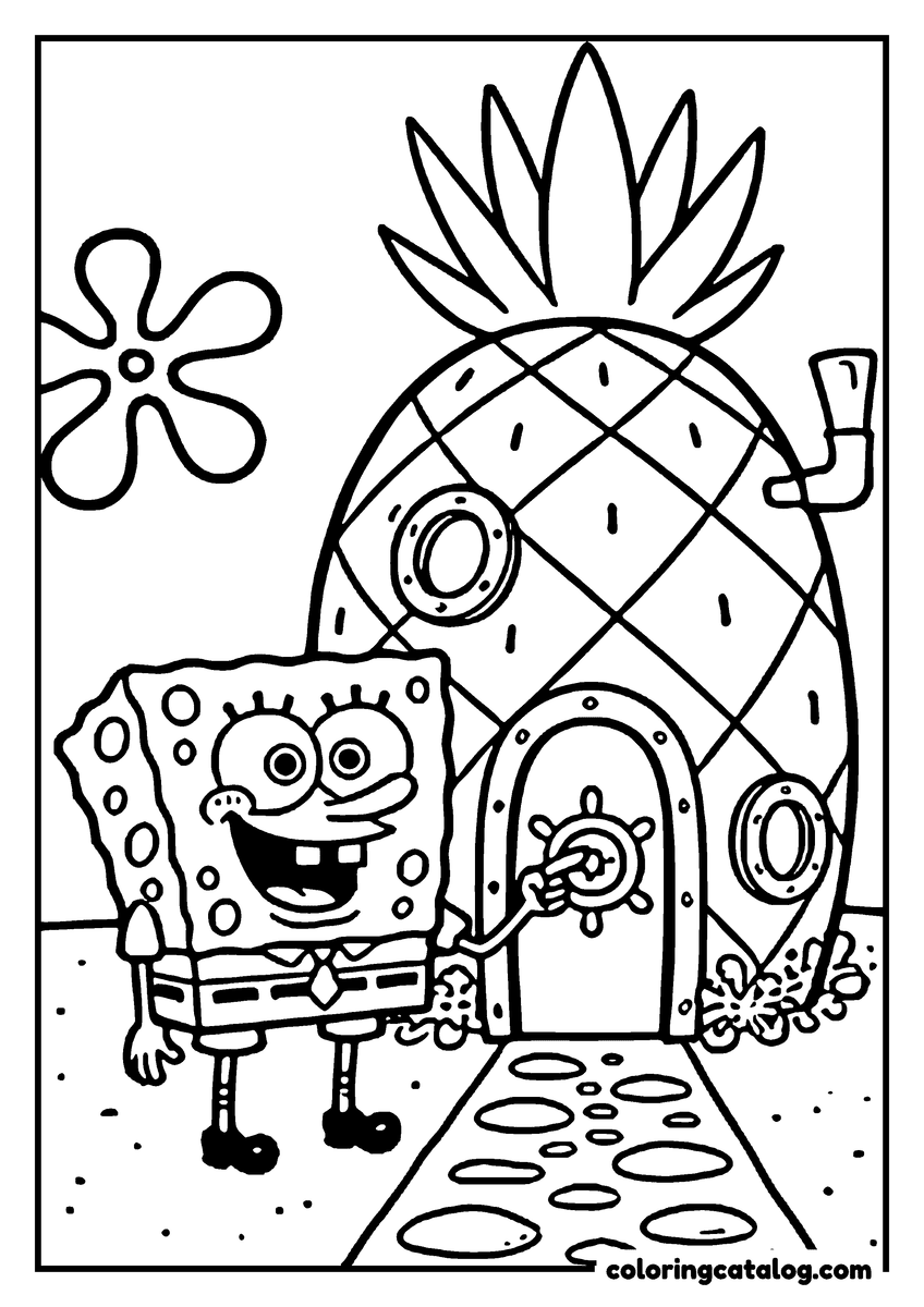 Coloring page: SpongeBob reaching for the ship's wheel handle on the pineapple house door, a stone path at his feet