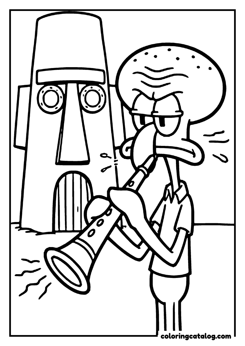 Printable Spongebob coloring page: Squidward playing his clarinet in front of his stone head house, notes flying out of the bell