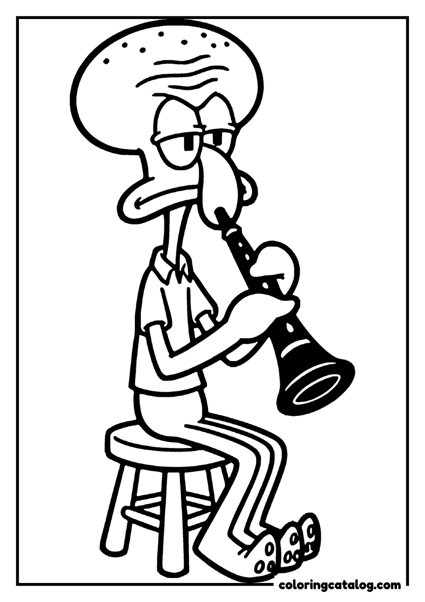 Printable Spongebob coloring page: Squidward sitting on a stool playing his clarinet, on a plain background