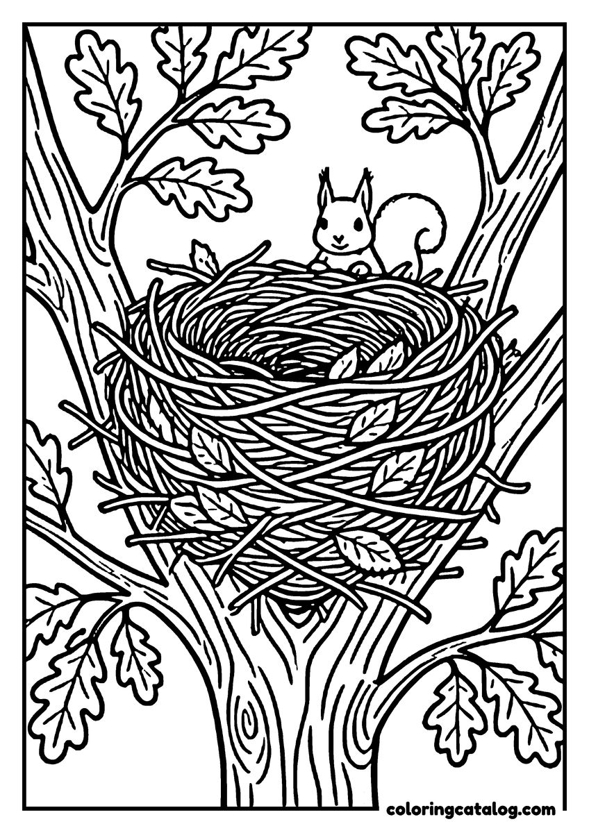 Free printable coloring sheet: A drey of twigs and leaves wedged in a fork of branches, a squirrel looking out over the rim
