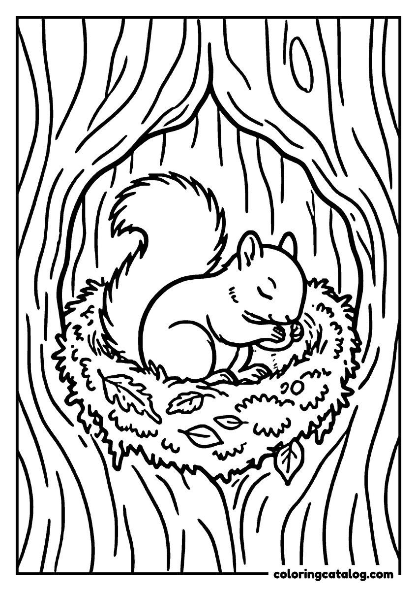 Coloring page: A baby squirrel curled up in a nest of moss and leaves inside a hollow trunk