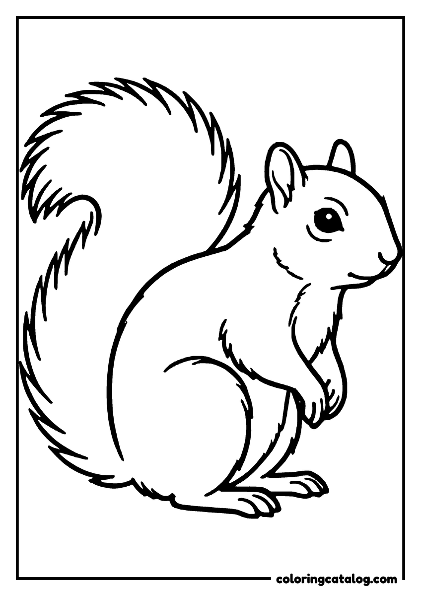 Free printable coloring sheet: A grey squirrel seen from the side with small rounded ears and a broad brush of a tail
