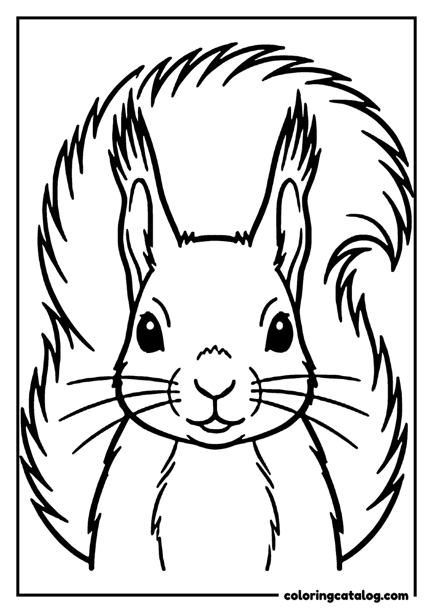Free printable coloring sheet: A red squirrel facing forward with long pointed ear tufts and a bushy tail curled up behind it