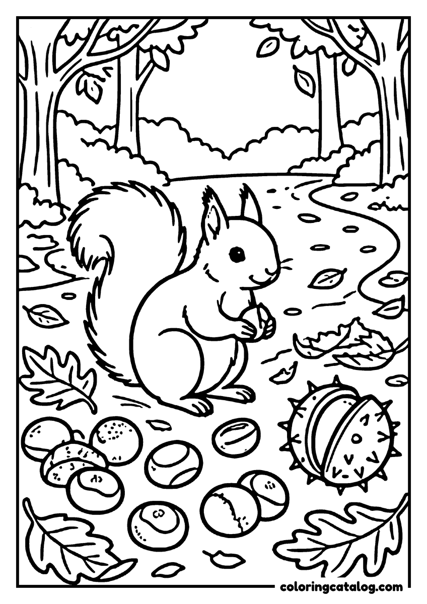 Free printable coloring sheet: A squirrel among conkers and fallen leaves on a park path, one spiked case split open