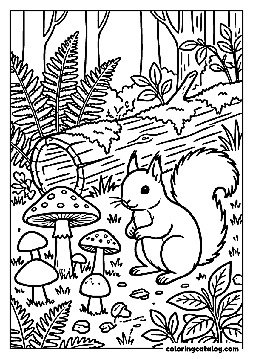 Coloring page: A squirrel beside a cluster of toadstools on the woodland floor, ferns and a fallen log around it