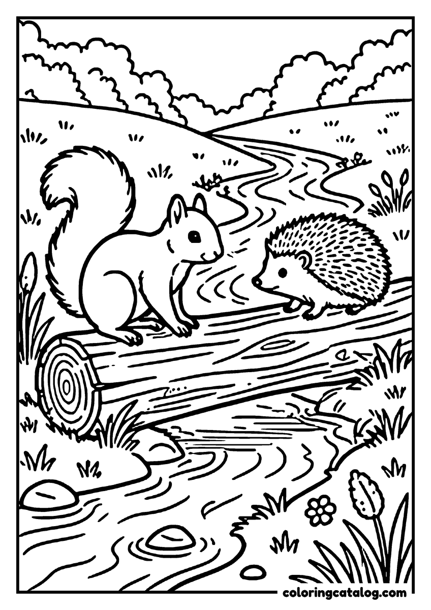 Free printable coloring sheet: A squirrel and a hedgehog at either end of a fallen branch laid across a stream