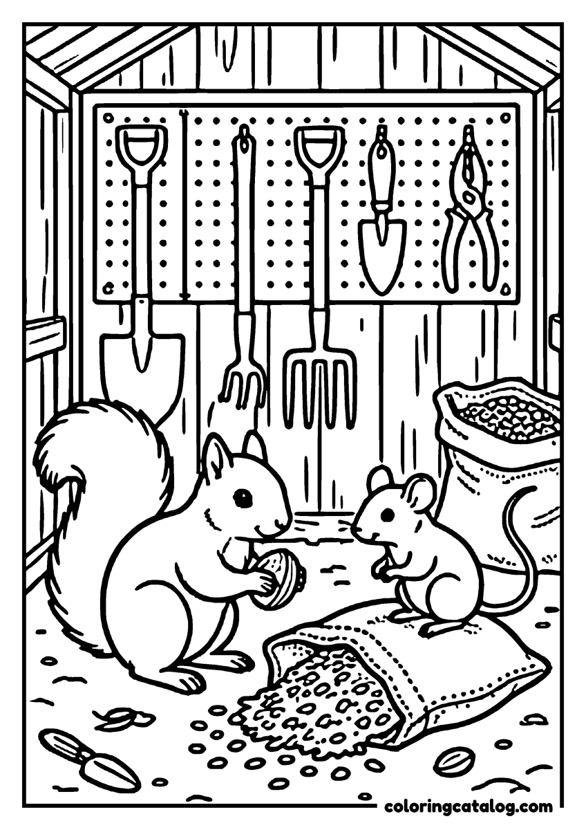 Free printable coloring sheet: A squirrel and a mouse meeting over a spilled bag of seed in a shed, tools hanging on a pegboard behind