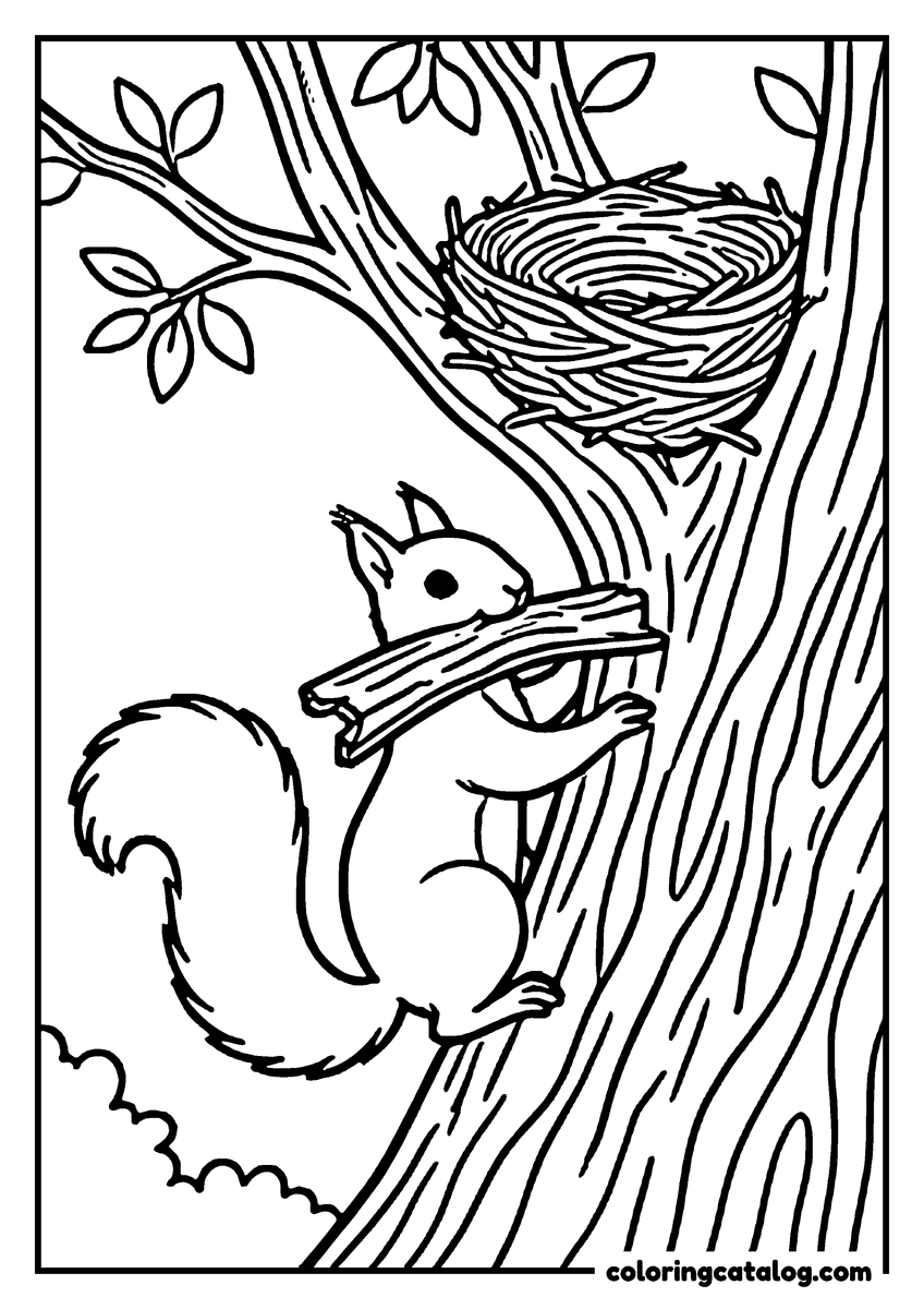 Printable coloring page: A squirrel carrying a strip of bark up a trunk towards a half built drey