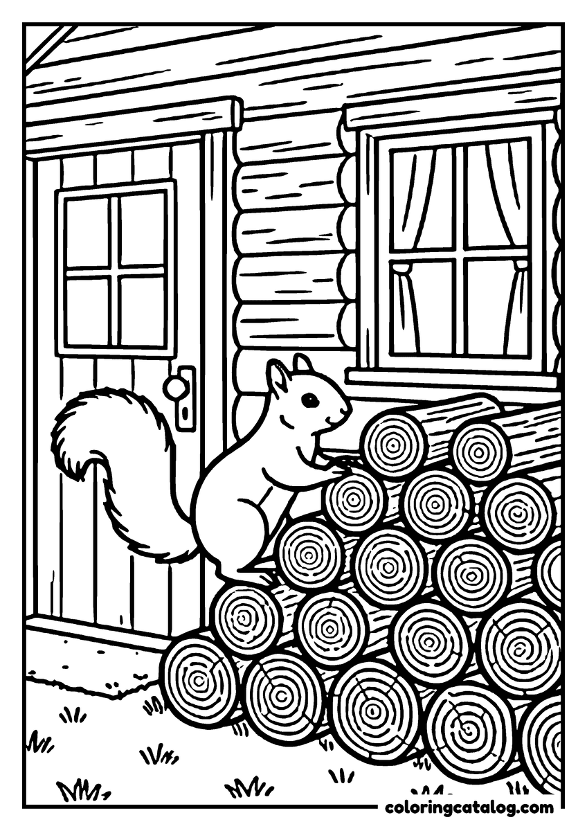 Coloring page: A squirrel climbing a stack of firewood beside a cabin door, the logs drawn end on in rings