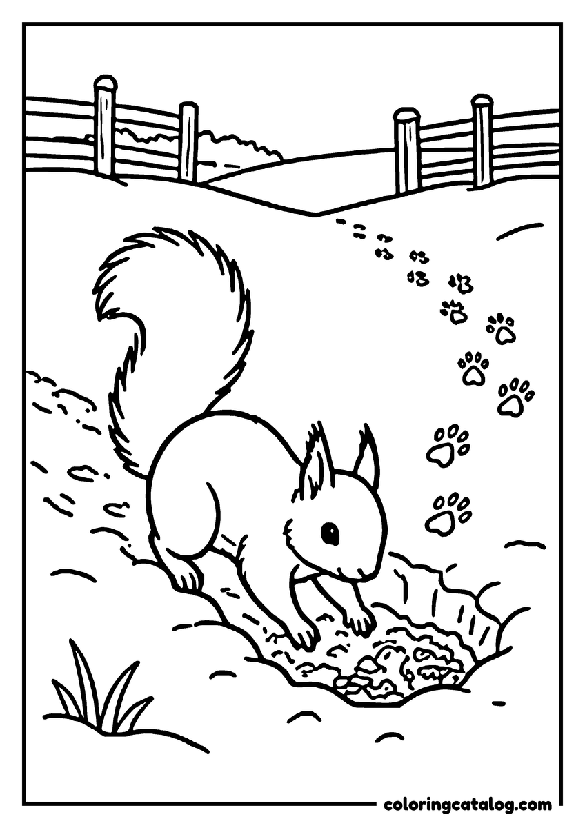 Printable coloring page: A squirrel digging through snow to a buried cache, its paw prints tracking back to a fence