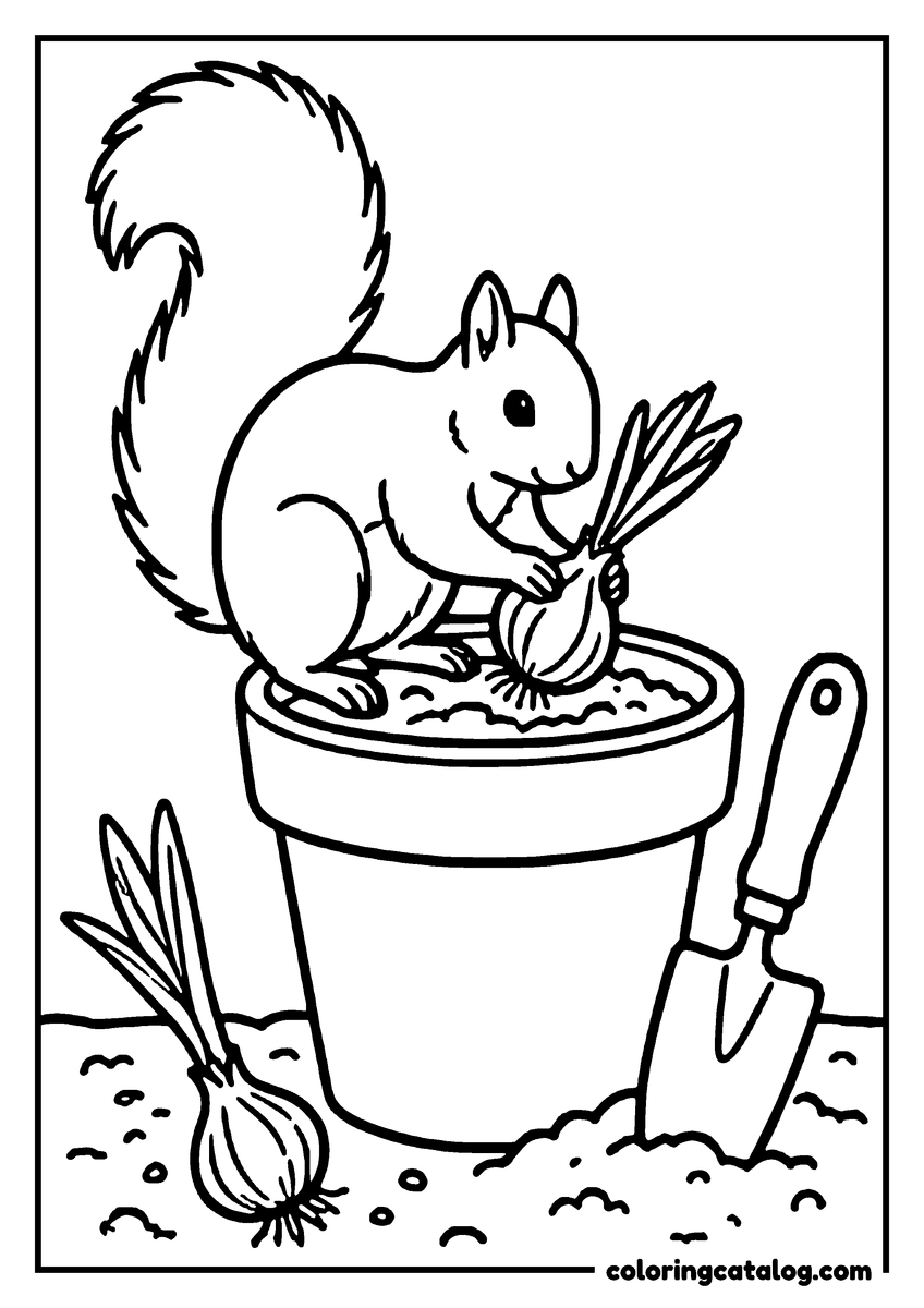 Free printable coloring sheet: A squirrel on the rim of a plant pot digging a bulb out of the soil, a trowel stuck in beside it