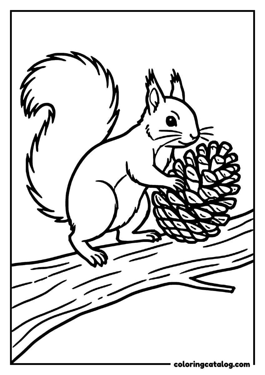 Printable coloring page: A squirrel dragging a pinecone twice its own size along a branch