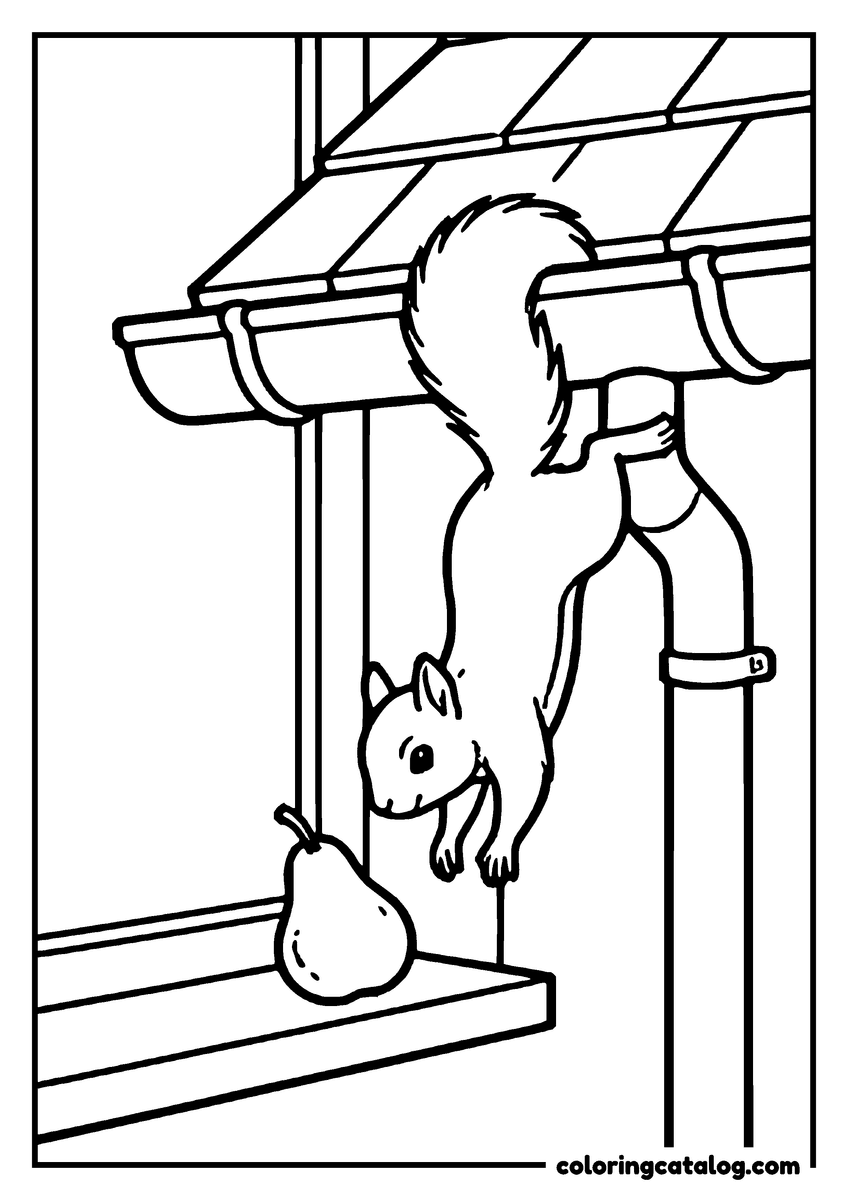 Free printable coloring sheet: A squirrel hanging upside down from a gutter to reach a pear left on a windowsill